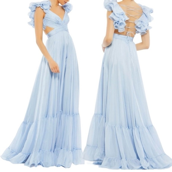 Mac Duggal Ruffle Tiered Cut Out Baby Blue Chiffon Gown Dress Size 10 - Picture 1 of 13